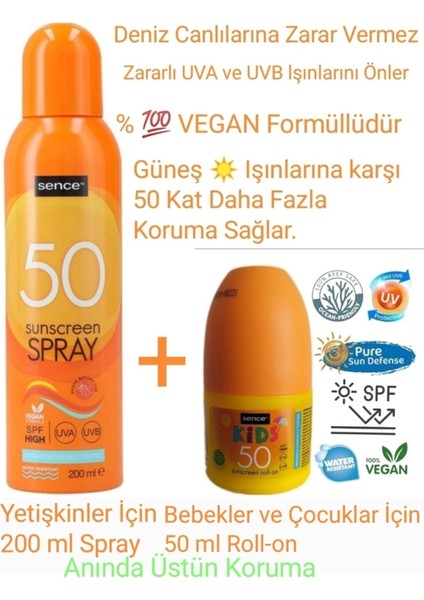 Vegan Güneş Koruyucu Aile Bakım Seti Spf 50 Aerosol Sprey 200 ml + Spf 50 Roll-On 50 ml