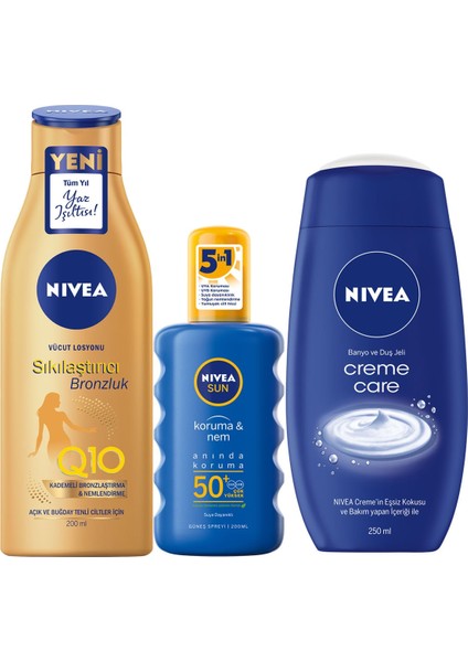 Güneş Spreyi SPF50+ 200 ml & Sıkılaştırıcı Vücut Losyonu 200 ml & Crème Care Duş Jeli 250 ml