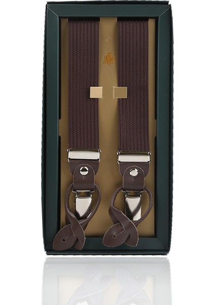 Kahverengi Deri Bağlantılı Düğme Delikli Jakarlı Pantolon Askısı PAN168