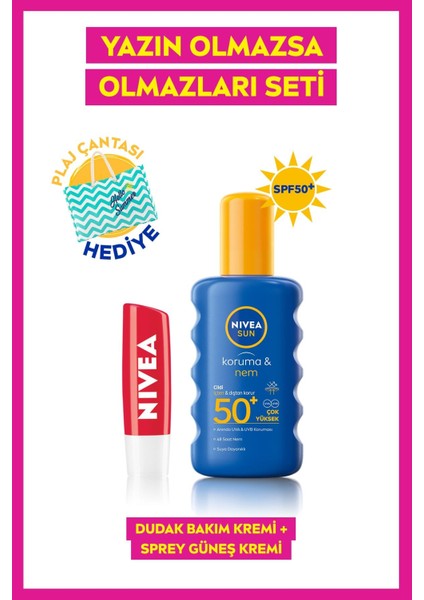 Sun Spf 50 Koruma & 48 Saat Nemlendirme Güneş Kremi 200 ml Spreyi ve Dudak Bakım Kremi Çilek