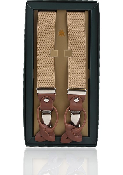 Bej Deri Bağlantılı Düğme Delikli Jakarlı Pantolon Askısı PAN170