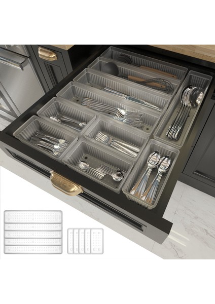 10'lu Modüler Set Kaşıklık Çekmece Içi Düzenleyici Çatal Kaşık Bıçak Düzenleme Organizeri Şeffaf
