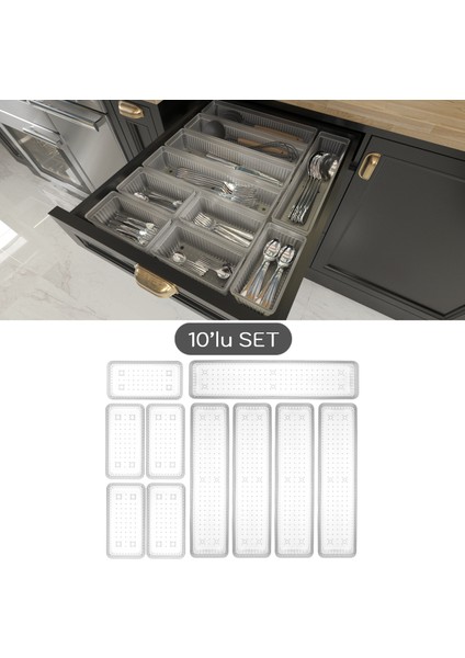 10'lu Modüler Set Kaşıklık Çekmece Içi Düzenleyici Çatal Kaşık Bıçak Düzenleme Organizeri Şeffaf fırsatları