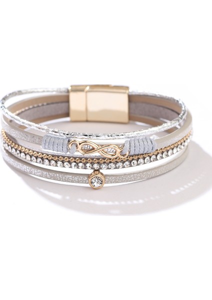 Boho Bilezik Deri Manşet Bileklik Örgülü Elmas Çok Katmanlı Bilezik Kadınlar Manyetik Toka ile Istiflenebilir Sonsuzluk Bilezik Takı (Gri) (Yurt Dışından)