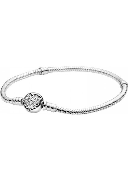 Bilezik 925 Gümüş Parlayan Yuvarlak Kalp Tam Elmas Serisi Basit Yılan Kemik Zincir Kişilik Aksesuarları (Boyut: 17CM) (Yurt Dışından)
