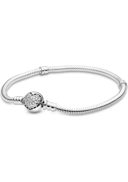 Bilezik 925 Gümüş Parlayan Yuvarlak Kalp Tam Elmas Serisi Basit Yılan Kemik Zinciri Kişilik Aksesuarları (Boyut: 16CM) (Yurt Dışından)