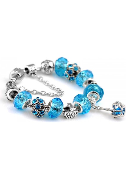 Açık Mavi Bilezik Kadın Boncuklu Taç Çift Kristal Bilezik Onun Için En Iyi Hediye (Boyut: 18CM) (Yurt Dışından)