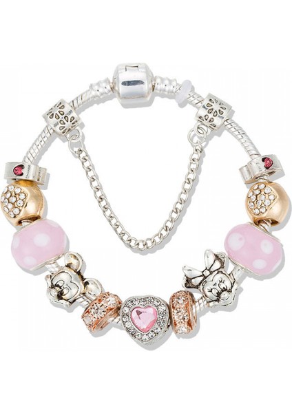 Kadın Charm Bileklik, Pembe Kristal Boncuklu Bileklik, Kalp Kolye, Kadınlar, Kızlar Için Sevgililer Günü Hediyeleri (Boyut: 17CM) (Yurt Dışından)