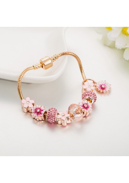 Kadın Charm Bileklik, Pembe Çiçek Kolye Bileklik, Kristal Boncuklu Yılan Zincir, Onun Için En Iyi Hediye (Boyut: 18CM) (Yurt Dışından) fiyatları