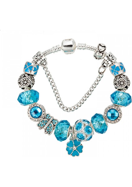 Kadın Charm Bileklik, Çiçek Kolye Mavi Kelebek Kristal Boncuklu Yılan Kemik Zinciri, Çoğu Bileğe Uyuyor, Kadınlar Için En Iyi Tatil Hediyesi (Boyut: 17CM) (Yurt Dışından)