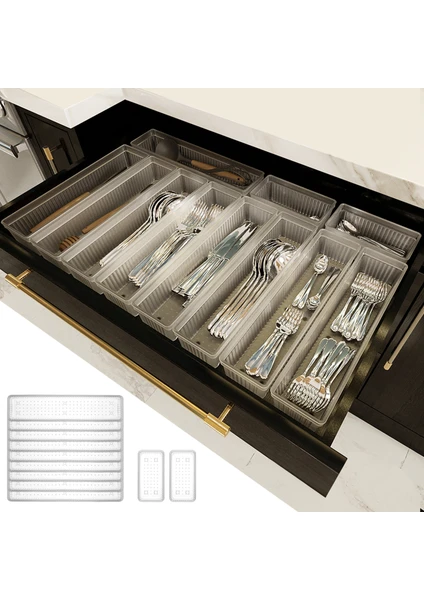 Meleni Home 11'li Modüler Set Kaşıklık Çekmece Içi Düzenleyici Çatal Kaşık Bıçak Düzenleme Organizeri Şeffaf