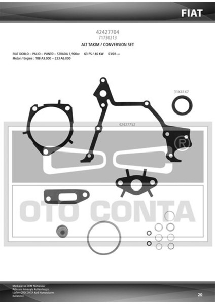 Otoconta 42427704 Alt Takım Conta Viton Keçeli Doblo 1.9d-Jtd Fıat