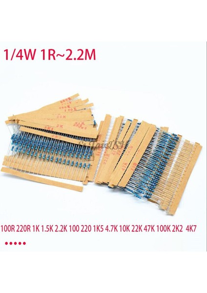 100 Adet Metal Film Direnç Serisi 1/4W 1r~2.2m 1% 100R 220R 1k 1.5k 2.2k 100 220 1k5 4.7k 10K 22K 47K 100K 2k2 4k7 Ohm (Yurt Dışından)
