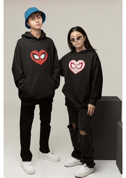 Kırmızı Kalp Spider Sevgili/çift/arkadaşlık/2'li Kapşonlu Sweatshirt Seti
