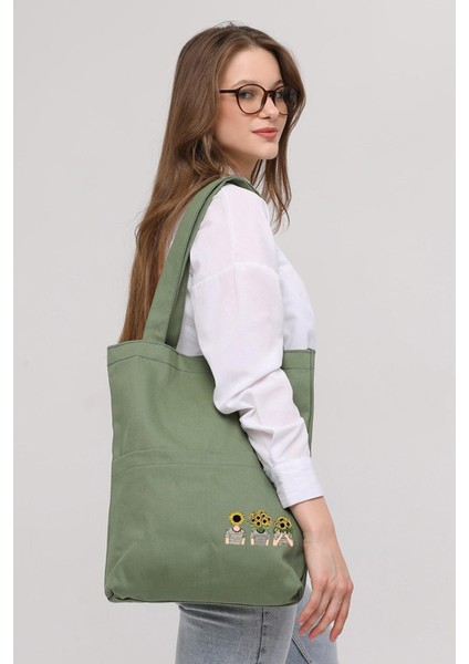 3 Cepli Ayçiçekli Kafalar Baskılı Mint Yeşili Gabardin Çanta
