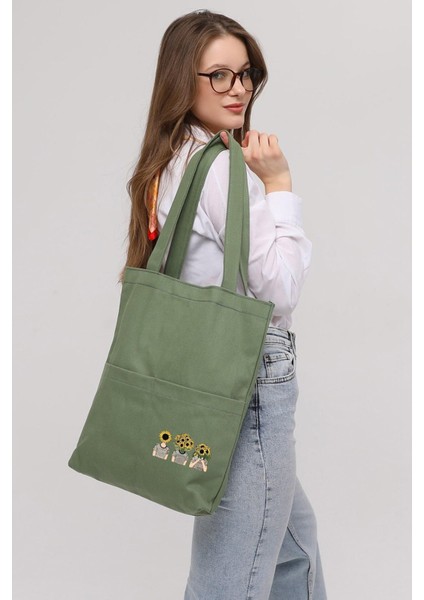 3 Cepli Ayçiçekli Kafalar Baskılı Mint Yeşili Gabardin Çanta fiyatları