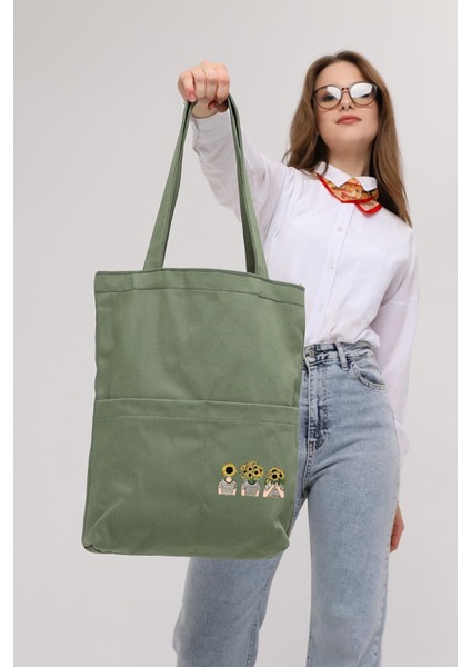 3 Cepli Ayçiçekli Kafalar Baskılı Mint Yeşili Gabardin Çanta modelleri