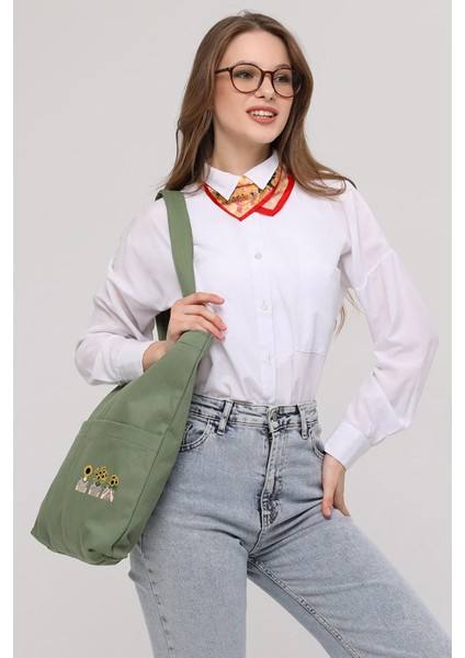 3 Cepli Ayçiçekli Kafalar Baskılı Mint Yeşili Gabardin Çanta fırsatları