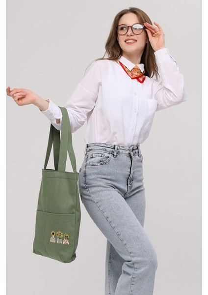 3 Cepli Ayçiçekli Kafalar Baskılı Mint Yeşili Gabardin Çanta indirimleri