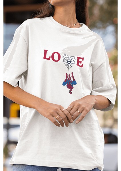 Love Spider Ağ Ön Baskılı Beyaz Tişört