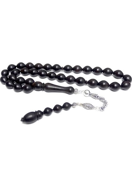 Abanoz Tesbih Gümüş Kamçılı Oval Beyzi Kesim 10x13mm