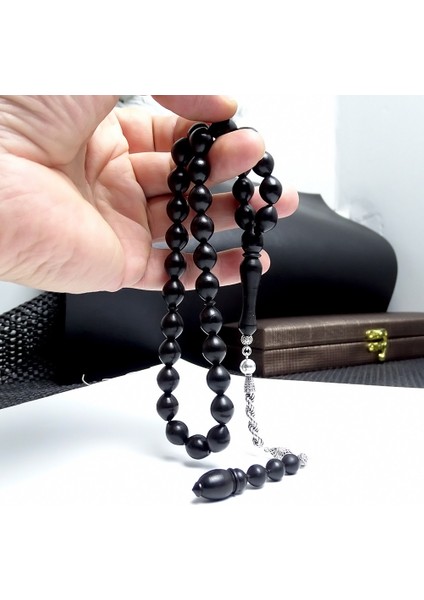 Abanoz Tesbih Gümüş Kamçılı Oval Beyzi Kesim 10x13mm modelleri