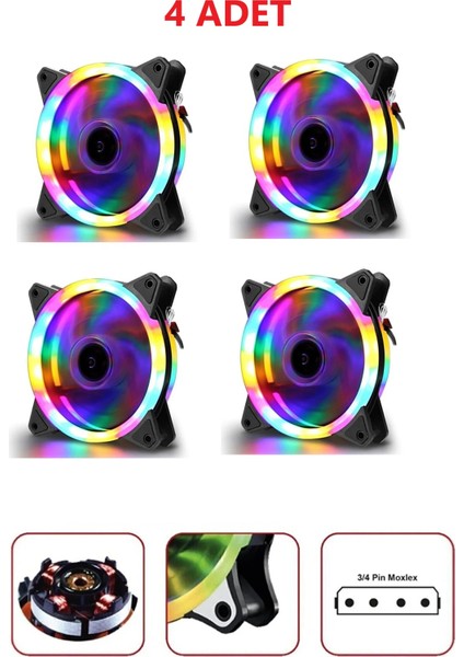 4'lü Set 12 cm Rgb LED Fan Işıklı Kasa Fanı Rainbow Kasa Soğutucu Fan