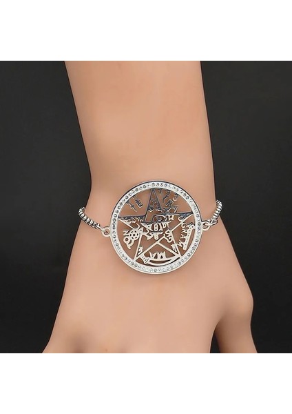 2021 Cadılık Pentagram Kristal Paslanmaz Çelik Bilezik Kadın Gümüş Renk Bilezik Bilezik Takı Pulseras Mujer B (Yurt Dışından) fiyatları