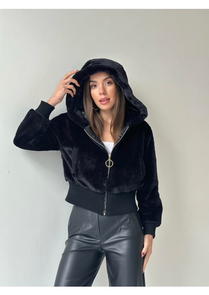 Ribanalı Kapüşonlu Peluş Mont Siyah