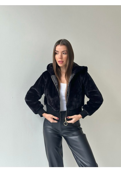 Ribanalı Kapüşonlu Peluş Mont Siyah