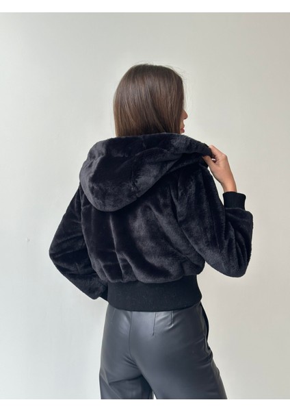 Ribanalı Kapüşonlu Peluş Mont Siyah