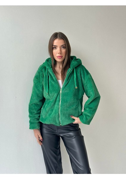 Etek Ucu Lastikli Kapüşonlu Peluş Mont Yeşil modelleri