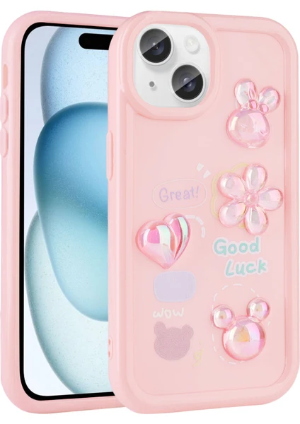 BLS Store iPhone 15 Plus - Uyumlu Kabartma Figürlü Parlak Bls Store Toys Silikon Kapak-Pembe