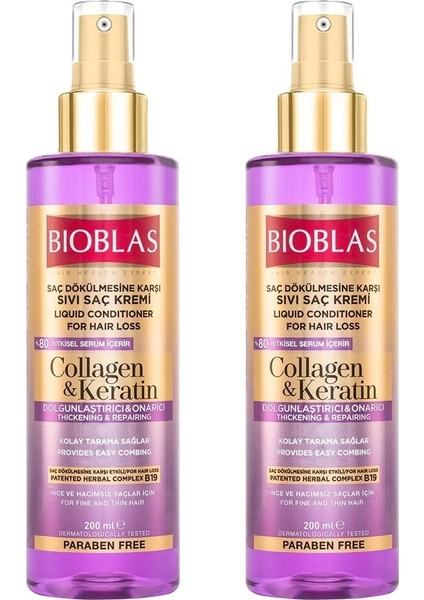 Collagen ve Keratin Saç Dökülmesine Karşı Sıvı Saç Kremi 200 ml 2 Adet
