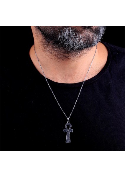 925 Ayar Gümüş Işlemeli Ankh Sembollü Erkek Kolye