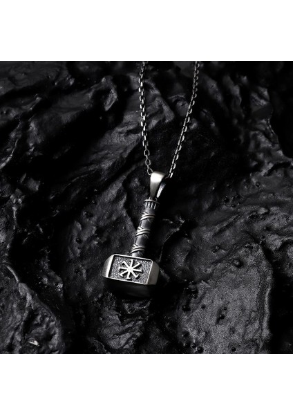 925 Ayar Gümüş Işlemeli Thor Çekici Çekiç Erkek Kolye