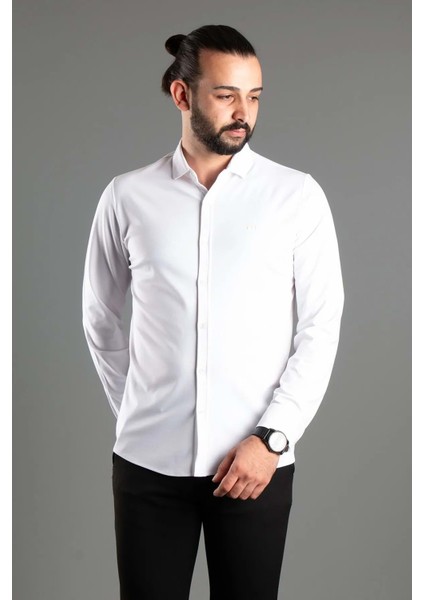 Erkek Uzun Kol Düz Beyaz Renk Gömlek