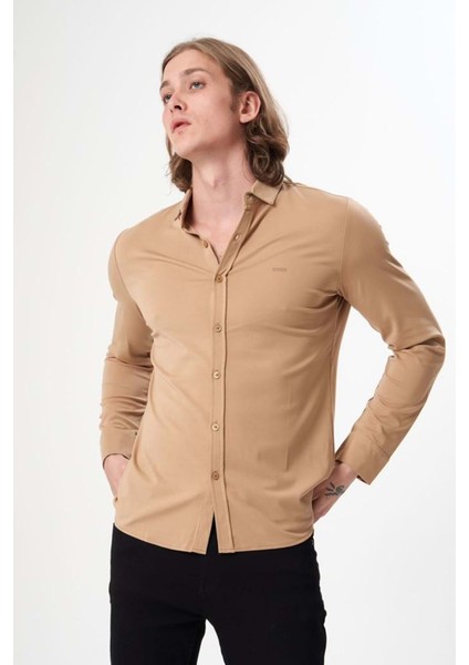 Erkek Uzun Kol Düz Camel Renk Gömlek