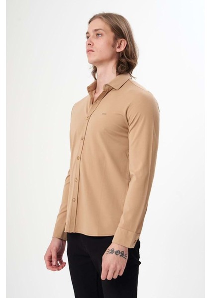 Erkek Uzun Kol Düz Camel Renk Gömlek modelleri