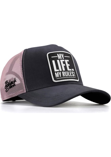 Blackbörk V1 Trucker My Life My Rules - 1 Kod Logolu Unisex Antrasit-Pembe Şapka (Cap)