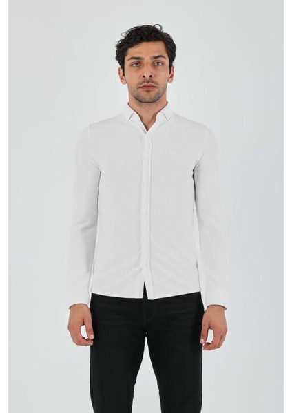 Erkek Uzun Kol Petek Dokulu Waffle Beyaz Gömlek