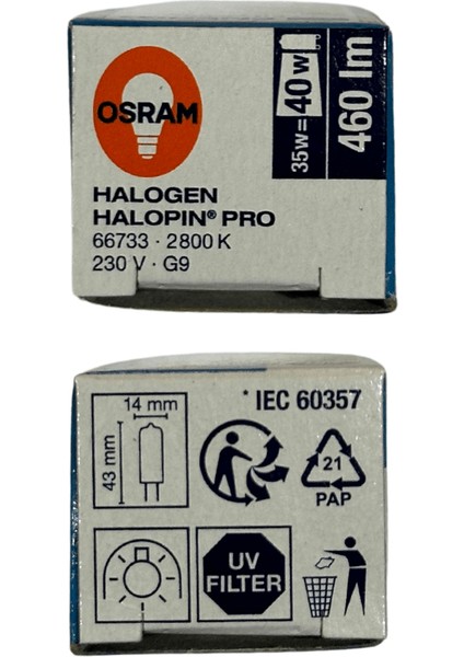 Halopin Pro 35W (40W) 2800K (Sarı Işık) G9 Duylu Halojen Ampul