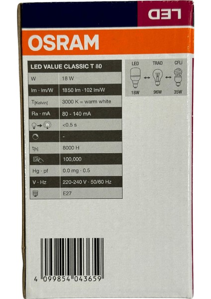 18W (96W) 3000K (Sarı Işık) E27 Duylu LED Torch Ampul