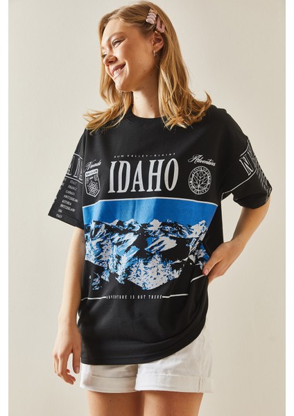 Siyah Baskılı Bisiklet Yaka Oversize T-Shirt 5YXK1-48004-02