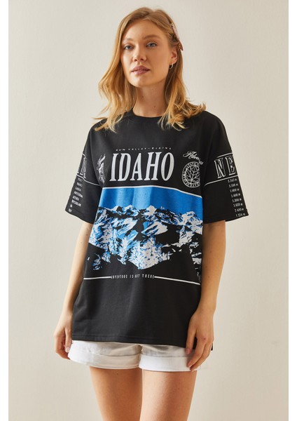Siyah Baskılı Bisiklet Yaka Oversize T-Shirt 5YXK1-48004-02 fiyatları