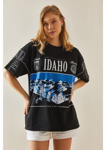 Siyah Baskılı Bisiklet Yaka Oversize T-Shirt 5YXK1-48004-02 modelleri