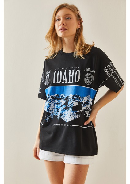 Siyah Baskılı Bisiklet Yaka Oversize T-Shirt 5YXK1-48004-02 fırsatları