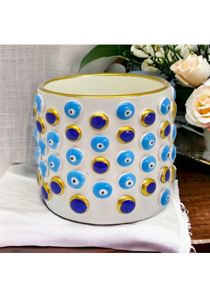 Mavi Nazar Boncuk ve Lacivert Boncuk Detaylı El Yapımı Kısa Kulpsuz Kahve Bardağı