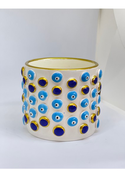 Mavi Nazar Boncuk ve Lacivert Boncuk Detaylı El Yapımı Kısa Kulpsuz Kahve Bardağı modelleri