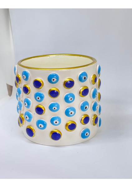 Mavi Nazar Boncuk ve Lacivert Boncuk Detaylı El Yapımı Kısa Kulpsuz Kahve Bardağı fırsatları